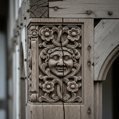 Close-up detail shot of a distinctive feature or ornamentation from the Tudor (architecture), showing material texture, craftsmanship, or unique design elements