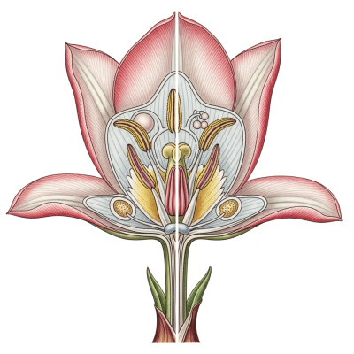 Cross-sectional illustration of a Tulip (flowers), showing internal parts such as stem, petals, and reproductive organs