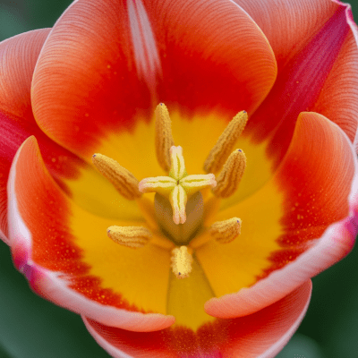 Detailed macro image of a Tulip (flowers), focusing on the intricate structure of petals, stamens, and pistil