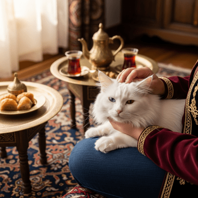 Image of a Turkish Angora interacting with humans or participating in cultural activities