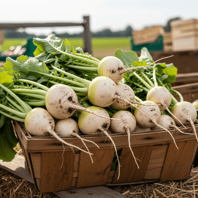 Image showing freshly harvested Turnip, displayed in a farmer's market basket or crate