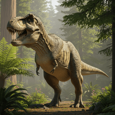 Realistic depiction of a Tyrannosaurus rex in its prehistoric natural environment