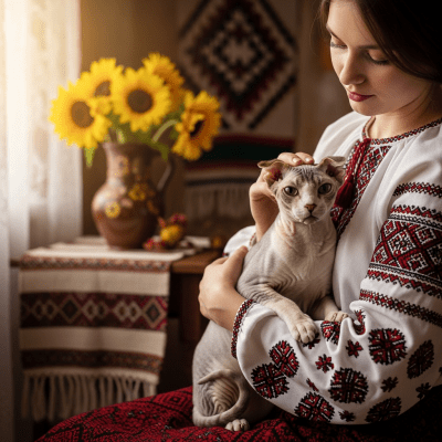 Image of a Ukrainian Levkoy interacting with humans or participating in cultural activities