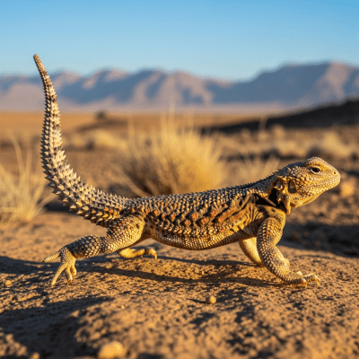 A dynamic action scene featuring a single Uromastyx (lizards) running, climbing, or catching prey in its typical environment