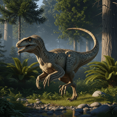 Realistic depiction of a Utahraptor in its prehistoric natural environment