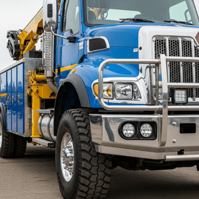 Close-up photograph focusing on distinctive details of a Utility Truck from the trucks taxonomy
