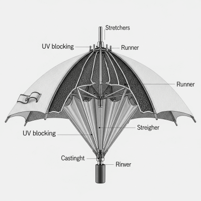 Detailed cross-sectional illustration of a UV Protection Umbrella, showing the internal structure such as ribs, shaft, and canopy fabric