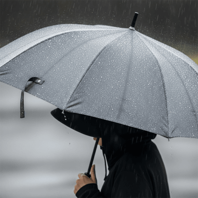 A realistic image of a UV Protection Umbrella (umbrellas) being used outdoors during a light rain, with droplets visible on the umbrella surface