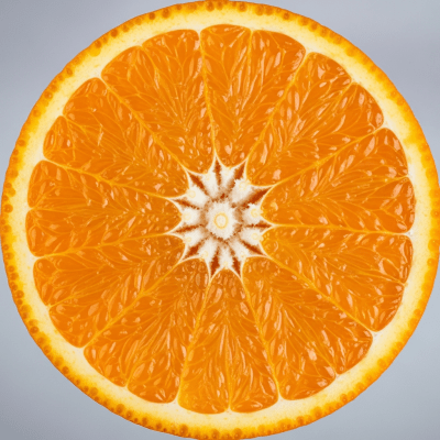 A detailed close-up cross-sectional image of a Valencia Orange from the oranges taxonomy, sliced cleanly in half to reveal the interior segments, pulp, and rind structure
