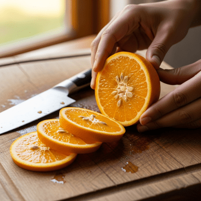 A realistic depiction of a Valencia Orange from the oranges taxonomy being used in a culinary context, such as being sliced on a cutting board or prepared for juice