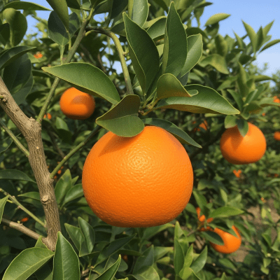 A naturalistic scene featuring a Valencia Orange from the oranges taxonomy growing on a tree with leaves and branches visible