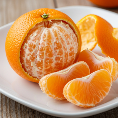 Editorial-style image of a freshly peeled Valencia Orange from the oranges taxonomy arranged appealingly on a simple plate or surface.