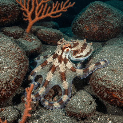 Illustration of a Vampire Octopus displaying camouflage behavior within its environment, blending into rocks, sand, or coral