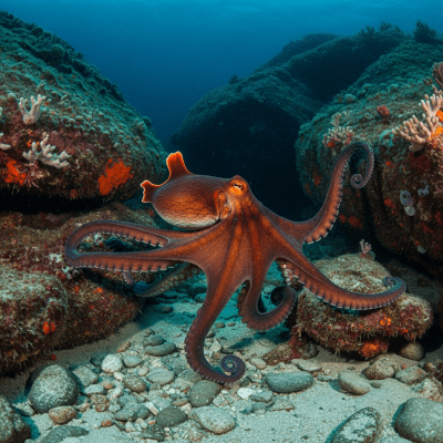 A realistic underwater scene featuring a Vampire Octopus of the taxonomy octopuses in its natural marine environment