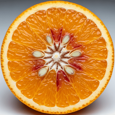 A detailed close-up cross-sectional image of a Vaniglia Sanguigno Orange from the oranges taxonomy, sliced cleanly in half to reveal the interior segments, pulp, and rind structure