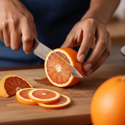 A realistic depiction of a Vaniglia Sanguigno Orange from the oranges taxonomy being used in a culinary context, such as being sliced on a cutting board or prepared for juice