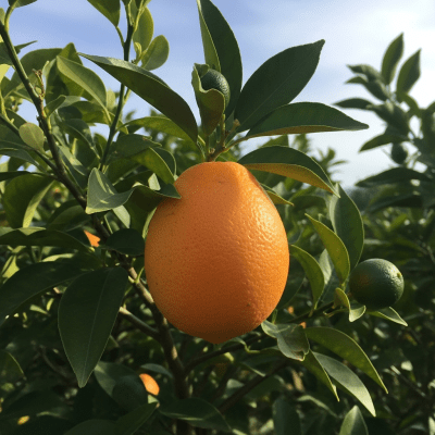 A naturalistic scene featuring a Vaniglia Sanguigno Orange from the oranges taxonomy growing on a tree with leaves and branches visible