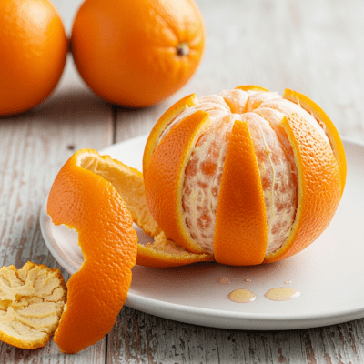Editorial-style image of a freshly peeled Vaniglia Sanguigno Orange from the oranges taxonomy arranged appealingly on a simple plate or surface.