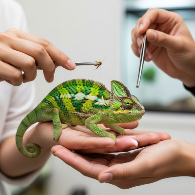 Image of a Veiled Chameleon interacting with humans in a responsible pet-keeping context