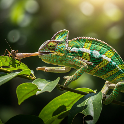 A dynamic action shot of a Veiled Chameleon, part of the taxonomy reptiles, in motion such as climbing, swimming, basking, or hunting in its environment