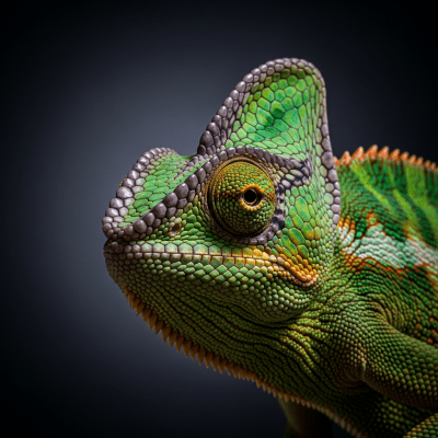 A striking, editorial-style portrait of a Veiled Chameleon (reptiles) in dramatic lighting.