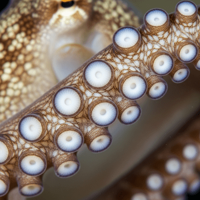 Naturalistic close-up photograph of a single arm of a Veined Octopus, focusing on the suckers, skin texture, and coloration details