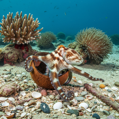 A realistic underwater scene featuring a Veined Octopus of the taxonomy octopuses in its natural marine environment