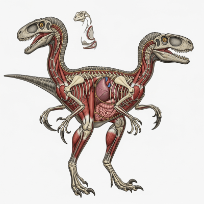 Detailed anatomical cross-section illustration of a Velociraptor