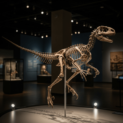 Museum exhibit style rendering of a single Velociraptor
