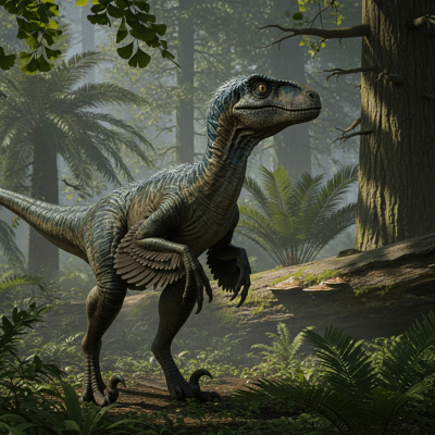 Realistic depiction of a Velociraptor in its prehistoric natural environment