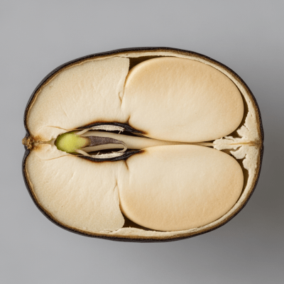 A cross-sectional view of a single Velvet Bean (beans), sliced cleanly to reveal its internal structure and composition
