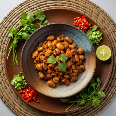 Image of cooked Velvet Bean (beans) presented as part of a traditional dish or cuisine, plated attractively and photographed from above
