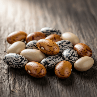 A handful of uncooked Velvet Bean beans (beans) scattered on a rustic wooden surface, photographed in natural light to emphasize their variety and color