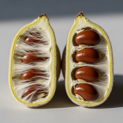 Close-up macro image of the Velvet Bean (legumes) cut in half, displaying its internal structure and details such as seed arrangement, pod interior, or cross-section textures