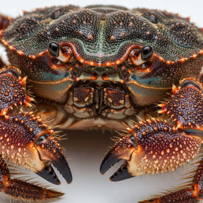 Close-up macro photograph of the shell texture and claws of a single Velvet Crab