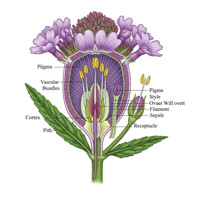 Cross-sectional illustration of a Verbena (flowers), showing internal parts such as stem, petals, and reproductive organs