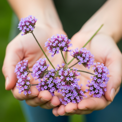 Photograph of a Verbena (flowers) being held or interacted with by a person in a gentle way