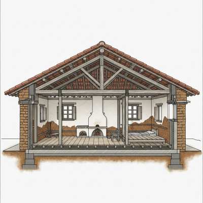 Detailed cross-sectional illustration or cutaway view showing the internal layout and key structural elements of the Vernacular (architecture)