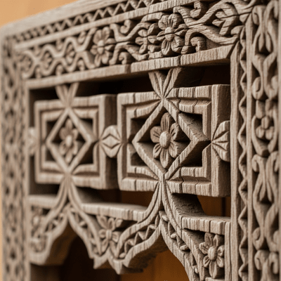 Close-up detail shot of a distinctive feature or ornamentation from the Vernacular (architecture), showing material texture, craftsmanship, or unique design elements