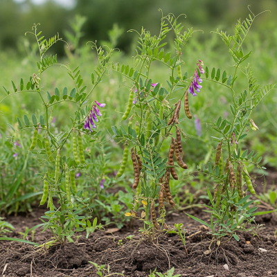 Photograph of the Vetch (legumes) growing naturally on its plant in an outdoor agricultural or garden setting, showing leaves, pods, and surrounding soil or greenery