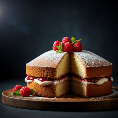Editorial-style hero shot of a beautifully presented Victoria Sponge, from the cake taxonomy.
