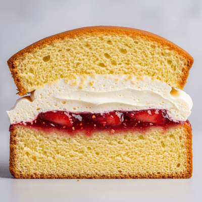 Detailed cross-sectional view of a sliced Victoria Sponge (cake), showing internal layers, textures, and ingredients