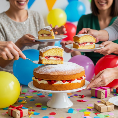 A scene showing the Victoria Sponge (cake) being served or enjoyed at a festive occasion, such as a birthday party or wedding