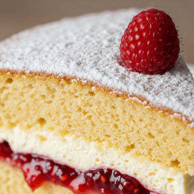 Close-up macro photograph of the surface texture and decoration of a Victoria Sponge (cake)