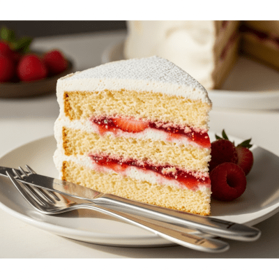 An image of a single slice of Victoria Sponge, from the cake taxonomy, isolated on a plate with simple cutlery