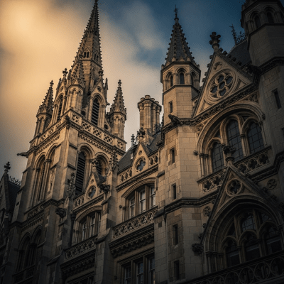 Dramatic, editorial-style image of Victorian from the architecture taxonomy, captured from a low angle to emphasize grandeur and form.