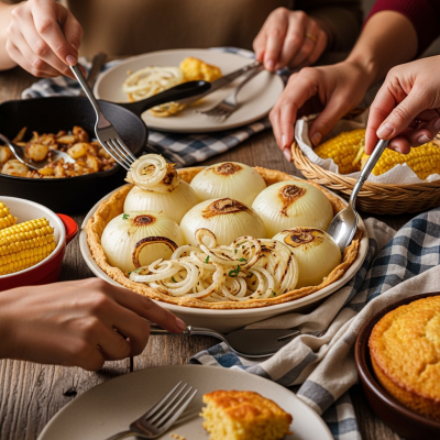 A cultural representation of a Vidalia onion (onions) featured in a traditional dish or meal setting