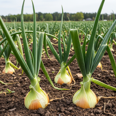 A photograph of a Vidalia onion (onions) in its natural environment or growing in soil