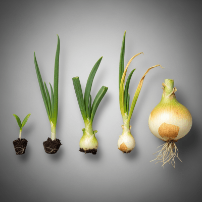 An image showing multiple stages of growth for a single type of Vidalia onion (onions), from seedling to mature bulb