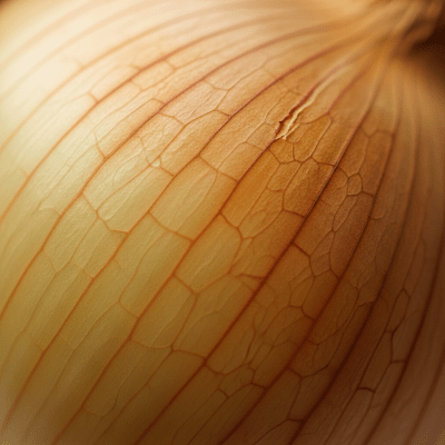 A macro photograph highlighting the surface texture and skin details of a Vidalia onion